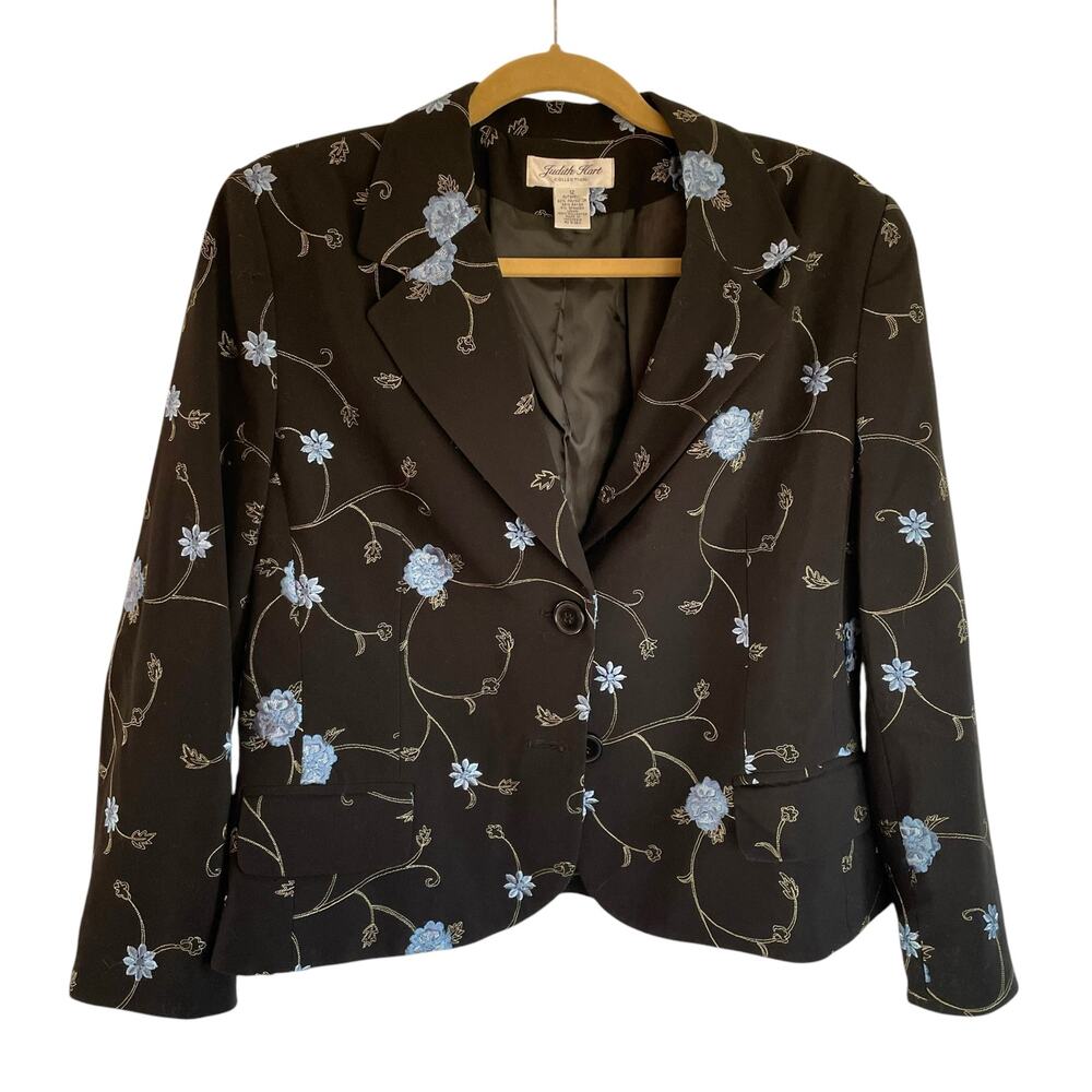 Judith Hart Black Blazer Blue Embroidered Floral Sz 12 Spring Summer Career Wear